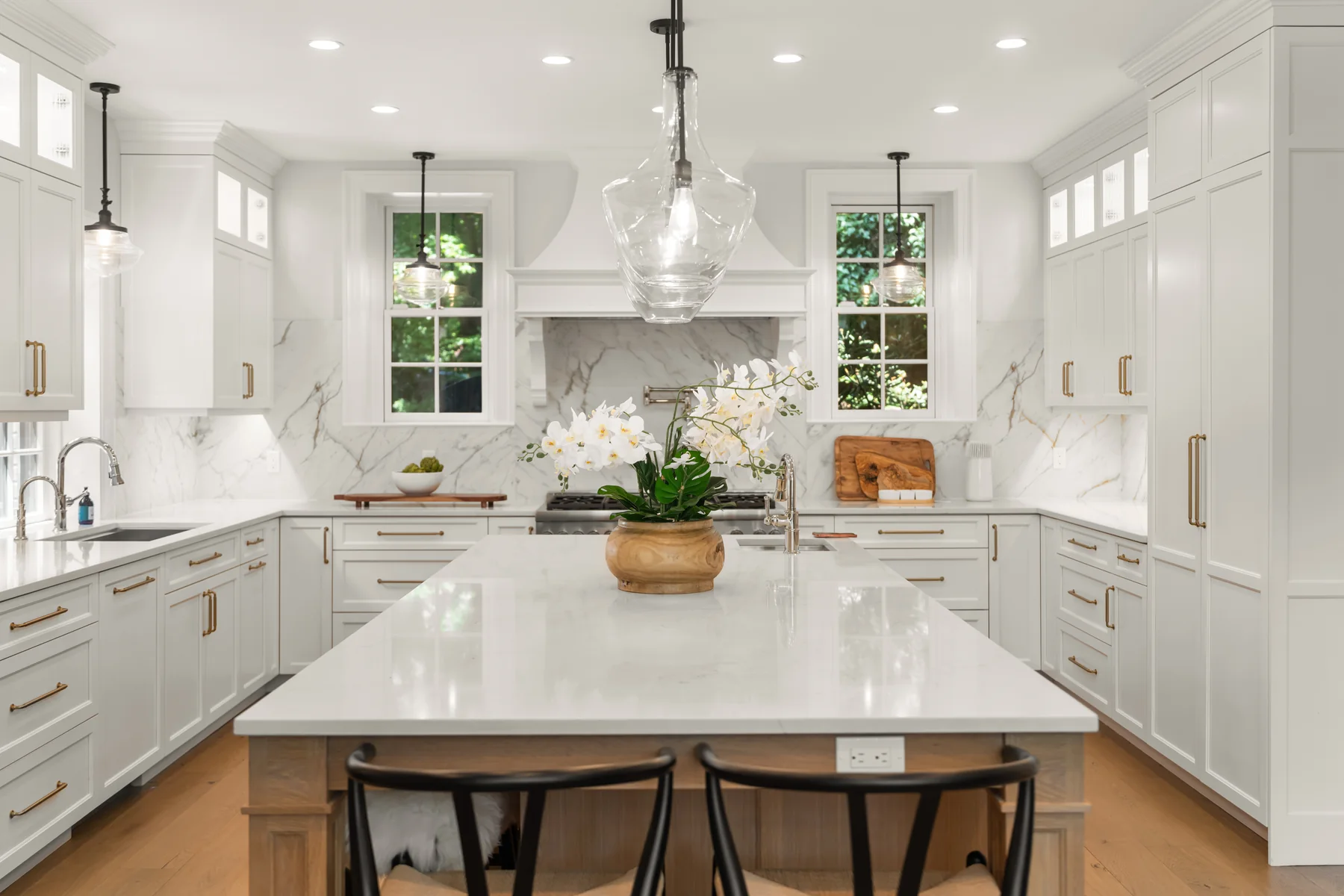 A wide view of the kitchen and island at 372 Warren Street